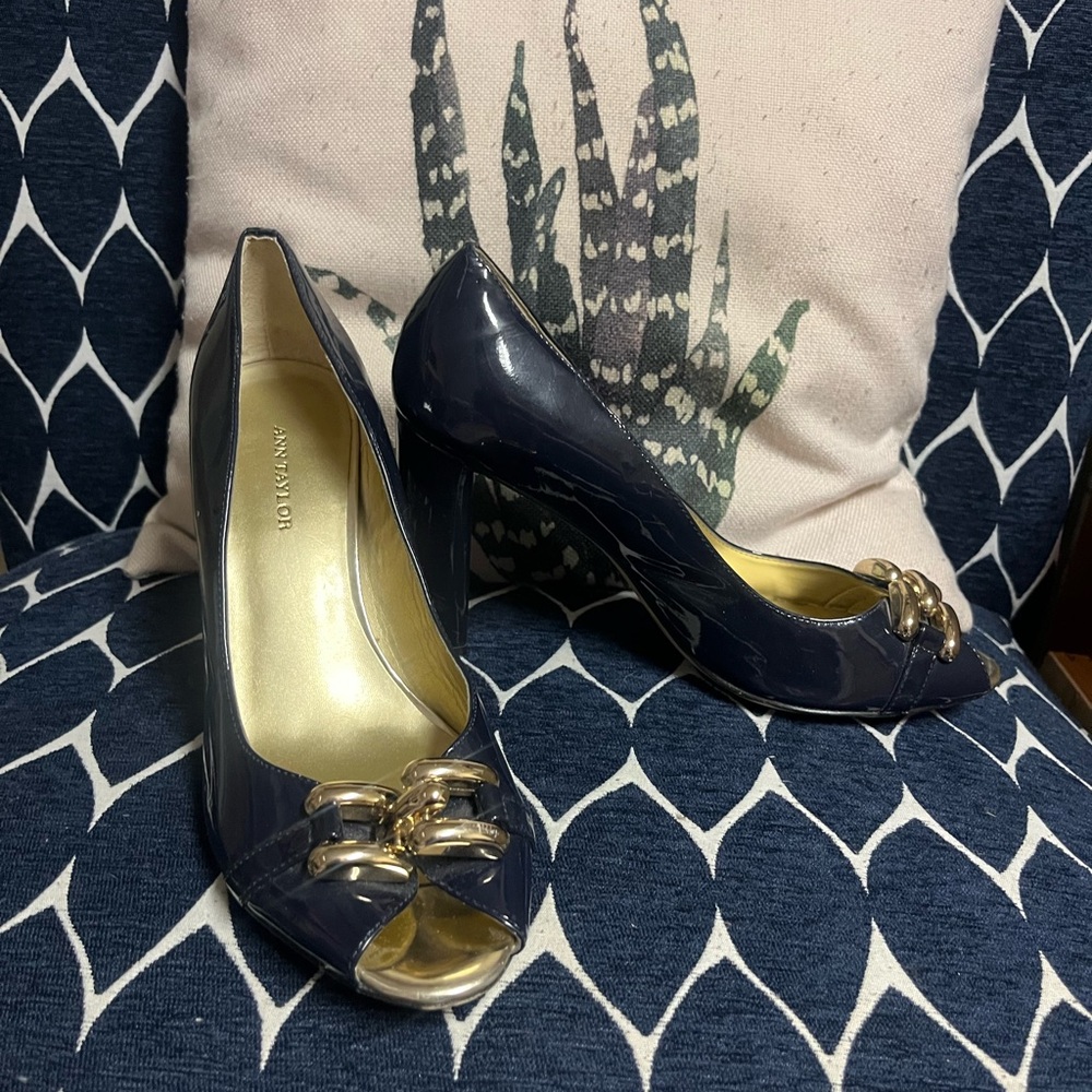 Ann Taylor Navy Peep-Toe Heels with Gold Accents